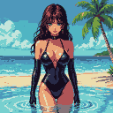 Woman in dark swimsuit and long gloves stands in shallow water on a tropical beach with a palm tree under a blue sky.