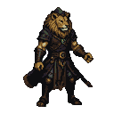 A necromancer with a lion's head, wearing ornate dark armor and a flowing cloak.
