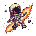 Astronaut with a skull face engulfed in trailing pixelated flames, flying through a starry void.