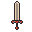 A vertical sword with a dark hilt, a checkerboard crossguard of red and grey, and a single orange pixel on the pommel, set against a black background.