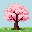 A solitary sakura tree with abundant pink blossoms stands on lush green grass under a pale blue sky. Fallen pink petals drift on the grass.