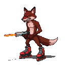 Menacing anthropomorphic fox with bared teeth, holding a glowing laser gun, and wearing red rollerblades.