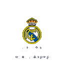 Real Madrid crest in pixel art, featuring a golden circular border, white background, blue "MC" letters, and a crown. Pixelated text is below.