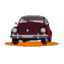 A deep red Volkswagen Beetle with gleaming chrome accents, interior hints of orange and yellow, rests on an abstract orange pixel base against a black background.