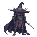 A mage in dark, ornate armor wears a colossal, spiky hat casting a shadow over their face. A dark cape billows and a crimson sash adorns their attire.