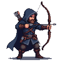 Stoic medieval archer in a dark hooded cloak draws a bow, arrow nocked, quiver on back.