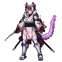 A Decepticon warrior girl with fox-like ears and flowing white hair, wearing a pearlescent white and obsidian black kimono armor with ruby red energy lines. She has pink LED eyes and a modular energy tail. Two katanas are sheathed at her legs.