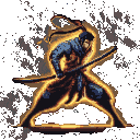 Lone warrior with a golden aura, poised with a katana in a wide combat stance, eyes intensely focused against a dark, pixelated background.