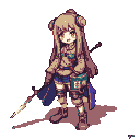 Slender woman with long light brown hair, wearing adventurer clothing with a tunic, blue skirt, and boots. She holds a sword at her side and has another sheathed on her back. A satchel is worn at her waist.