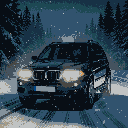 Black BMW X5 E53 driving on a snowy mountain road at night, headlights cutting through snow and fog.