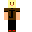 Blocky figure with a yellow head, brown eyes, and pink mouth, wearing a dark brown t-shirt with a black "J," light brown arms, and black lower body with red feet, against a black background.