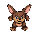 A small, brown, rabbit-like creature with large blue eyes and pink-lined ears stands with a mischievous grin and splayed paws.