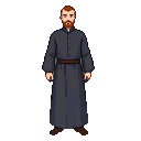 Young priest with short red hair, mustache, and beard, wearing a dark robe.