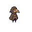 A plague doctor figure in a muted brown cloak and pale tan mask stands against a dark background.