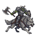 A green-skinned orc with tusks, wearing spiked armor and wielding a double-headed axe, rides a snarling grey wolf with glowing red eyes.