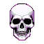 White pixel art skull with dark eye sockets and bared teeth, outlined in faint purple.