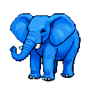 A vibrant blue elephant with its trunk curled upwards and large ears spread wide.