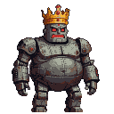 A colossal, rotund robot king with a golden crown adorned with red jewels, glowing red eyes, and an angry mouth.