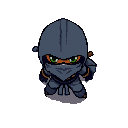 Chibi ninja with emerald green eyes, wearing a dark blue suit with orange and black accents, stands in a top-down view.