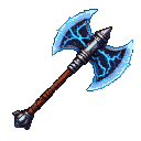 Double-headed battle axe with crackling electric blue veins on polished steel blades and a spiked pommel.