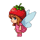 A pixel art pixie with a strawberry hat and pink dress, with light blue wings, looking down.