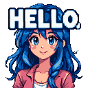 Cheerful anime girl with vibrant blue hair and rosy cheeks, wearing a pink jacket and white shirt, with "HELLO." in large white pixelated letters above her head.