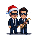 Two figures in dark suits and sunglasses stand side-by-side. The left figure wears a red and white Santa hat. The right figure holds a golden saxophone. Sparse white pixels suggest snow or stars against a dark background.