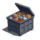 A dented, overflowing metal dumpster with its lid ajar, filled with trash bags and cardboard boxes.