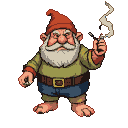 Grizzled gnome with a stern expression, white beard, holding a lit cigarette in his right hand and an unlit cigarette in his left. He wears a red pointed hat, green tunic, and blue trousers.