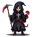 Hooded figure in a tattered black tunic with a white inverted cross, holding a red hand scythe and a coiled red snake.