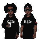 Two Black figures with a confident, rockstar aesthetic. The figure on the left has a voluminous afro, sunglasses, and a black hoodie. The figure on the right wears a black durag, sunglasses, a black t-shirt, and has visible arm tattoos. Transparent against a dark background.