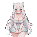 A blushing neko girl with long white hair, starry eyes, and fluffy cat ears. She wears a short, pastel frilly dress, and a fluffy white tail curls around her.