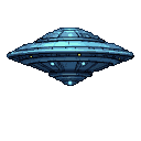 Saucer-shaped UFO with glowing yellow lights and blue underside hovering against a black background.