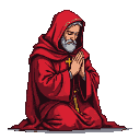 A Lutheran monk in a red tunic kneels in prayer, hands clasped, with a golden cross on his chest.