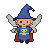 Pixie wearing a blue wizard hat with a red band, blue tunic with a golden "T" emblem, and a crimson cape, with translucent wings and short blonde hair.