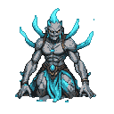 A grey, stone-like water elemental with cyan energy, glowing blue accents, and yellow eyes.