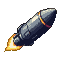 Dark metallic rocket with orange and yellow engine exhaust streaks through space.