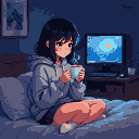 Young woman with dark hair, fair skin, wearing a grey hoodie and skirt, sits cross-legged on her bed, holding a steaming mug of tea. A gaming computer with an abstract blue and orange screen is in the background.
