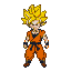 Goku in Super Saiyan 1 transformation, hair golden and spiky, eyes green and furious, wearing a tattered orange gi and blue undershirt, in a front-facing power-up pose.