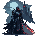 Death knight in spiked, skull-adorned armor with glowing red eyes, holding a massive red greatsword. A dark gothic castle with red lights stands behind under a pale full moon.