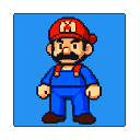 Super Mario in his classic red cap, blue overalls, and brown shoes, with a black mustache, stands against a solid blue background.