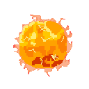 A pixelated sun with swirling orange and yellow fiery surface, radiating a pinkish-orange energy corona.