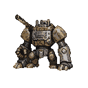 A squat, powerful battle machine with layered armor, rivets, and a prominent cannon on its left side.