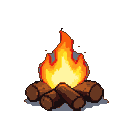 A pixelated campfire with glowing orange and yellow flames on rustic logs.