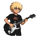 Young blonde boy with curly hair playing a black electric guitar with an Iron Maiden logo t-shirt.