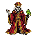 Skeletal king in a crimson robe with gold embroidery and a jeweled crown, holding a purple orb and a small green creature.
