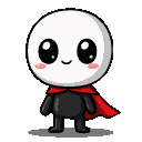 Billy the Stick, a cute character with a large white head, black dot eyes, and a smile, wears a red cape.