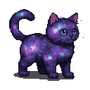 A cat with fur that resembles a swirling nebula of purple, blue, and pink, with embedded star clusters and cosmic dust. Its bright blue eyes gaze forward.