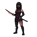 Ninja woman with red oni-like eyes, wearing a black mask and crimson-accented dark attire, holding a blood-stained katana.