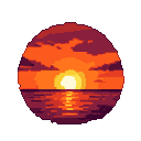 A glowing yellow and orange sun rises over a tranquil sea, its reflection shimmering on the water. The sky is a blend of deep purple and fiery orange with stylized clouds.